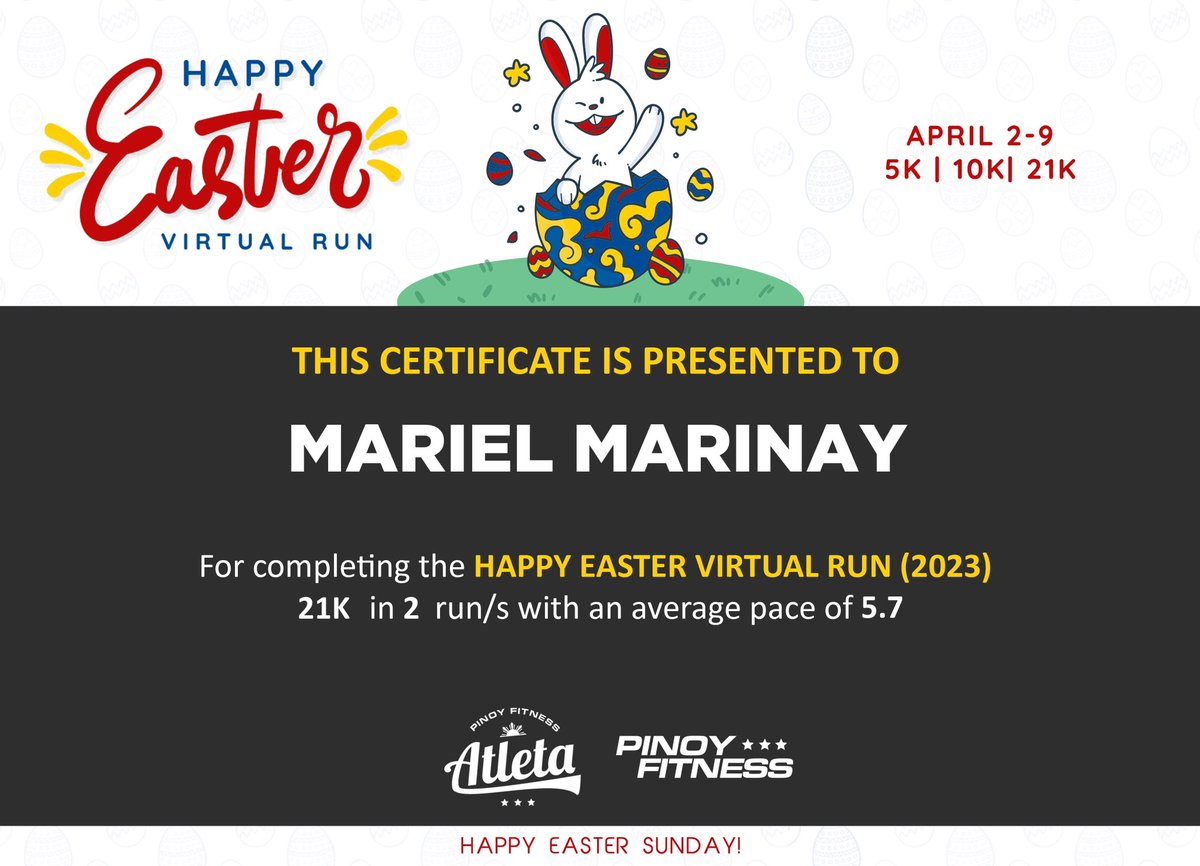 mcmarinay's tweet photo. yeeey !!! completed my happy easter virtual run 2023 @pinoyfitness ๐ฃ๐ฐ #pfatleta
excited ko murampa sa track oval later (?) to complete my half-marathon goal after days of rest ๐ช๐ฝ https://t.co/4PGRa3UG51