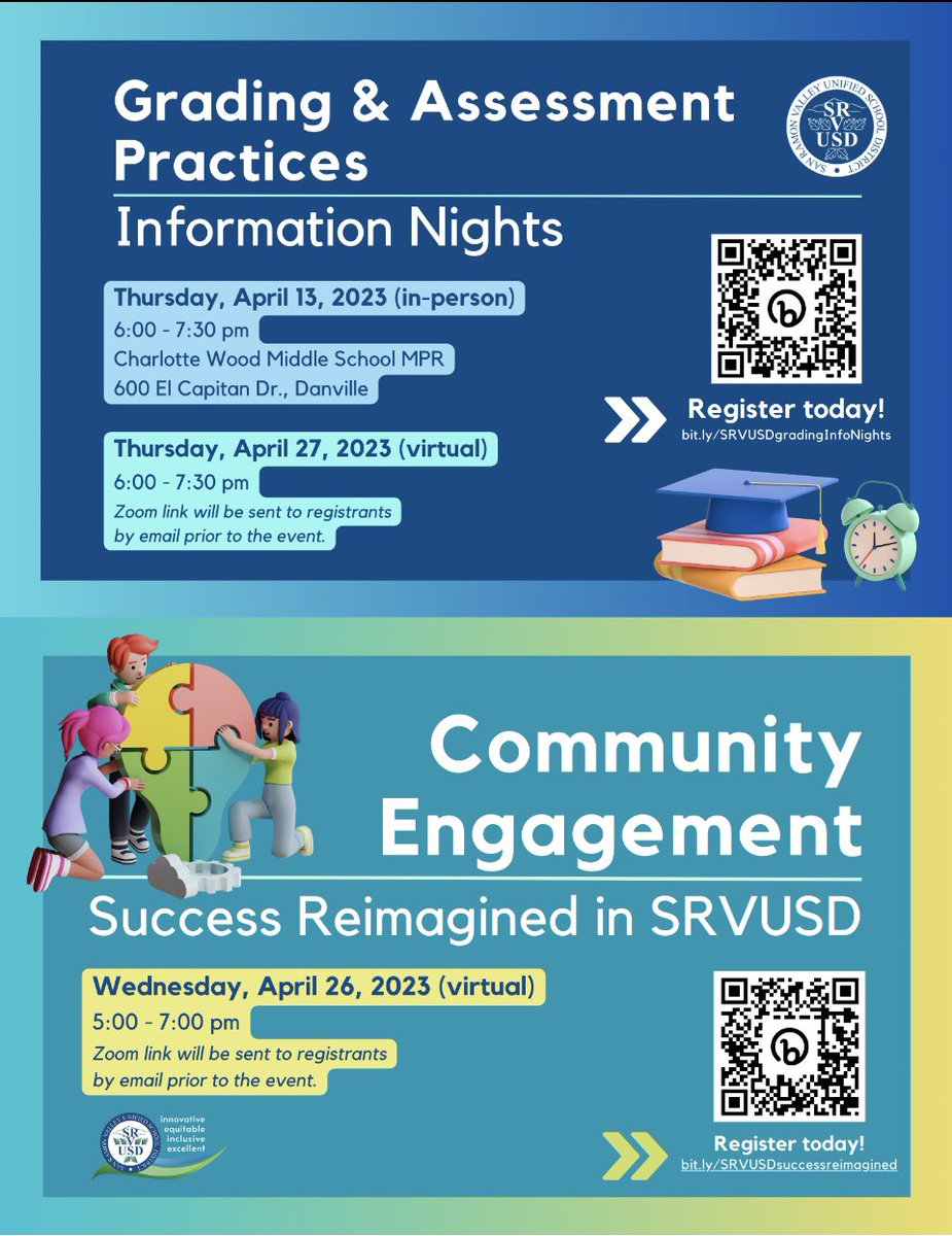 We want you to engage with us for #SuccessReimagined in SRVUSD! We have some parent/caregiver Information Meetings coming up:

Register to attend at: bit.ly/SRVUSDgradingI… and/or bit.ly/SRVUSDsuccessr…. We hope you can join us! <a href="/MVHS_Mustangs/">Monte Vista Mustangs</a> <a href="/DVHSPTSA/">DoughertyValleyPTSA</a> <a href="/SRVHSPTSA/">SRVHS PTSA</a> <a href="/calgrizzlies/">Grizzly Nation</a>