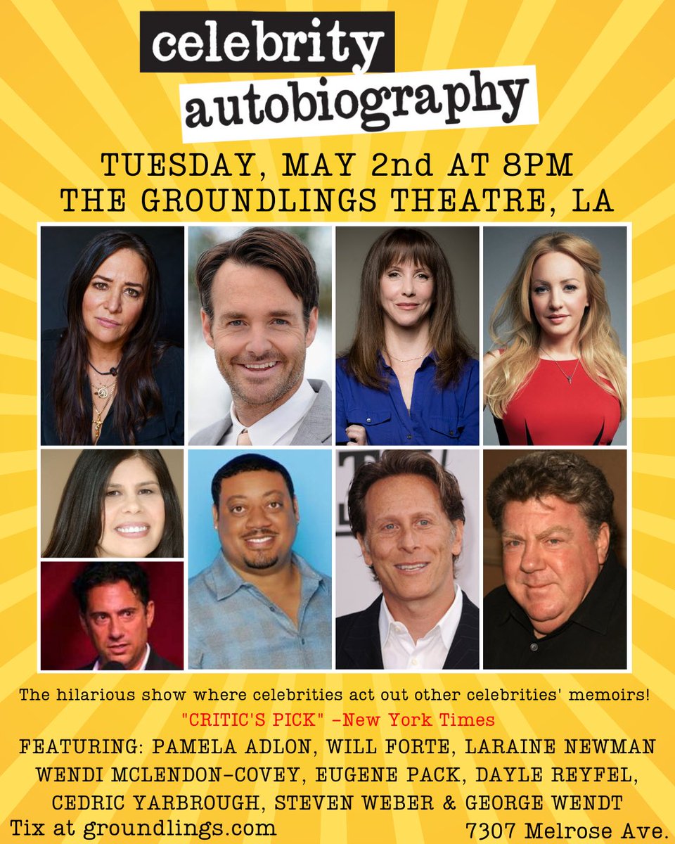 Come see <a href="/Celeb_Autobio/">Celebrity Autobiography</a> live on stage Tuesday May 2 at 8pm in Los Angeles <a href="/groundlings/">The Groundlings</a> tix groundlings.com incred cast <a href="/pamelaadlon/">Pamela Adlon</a> @larainenewman <a href="/cedricyarbrough/">Cedric Yarbrough</a> #wendimclendoncovey #willforte #georgewendt #steveweber #daylereyfel