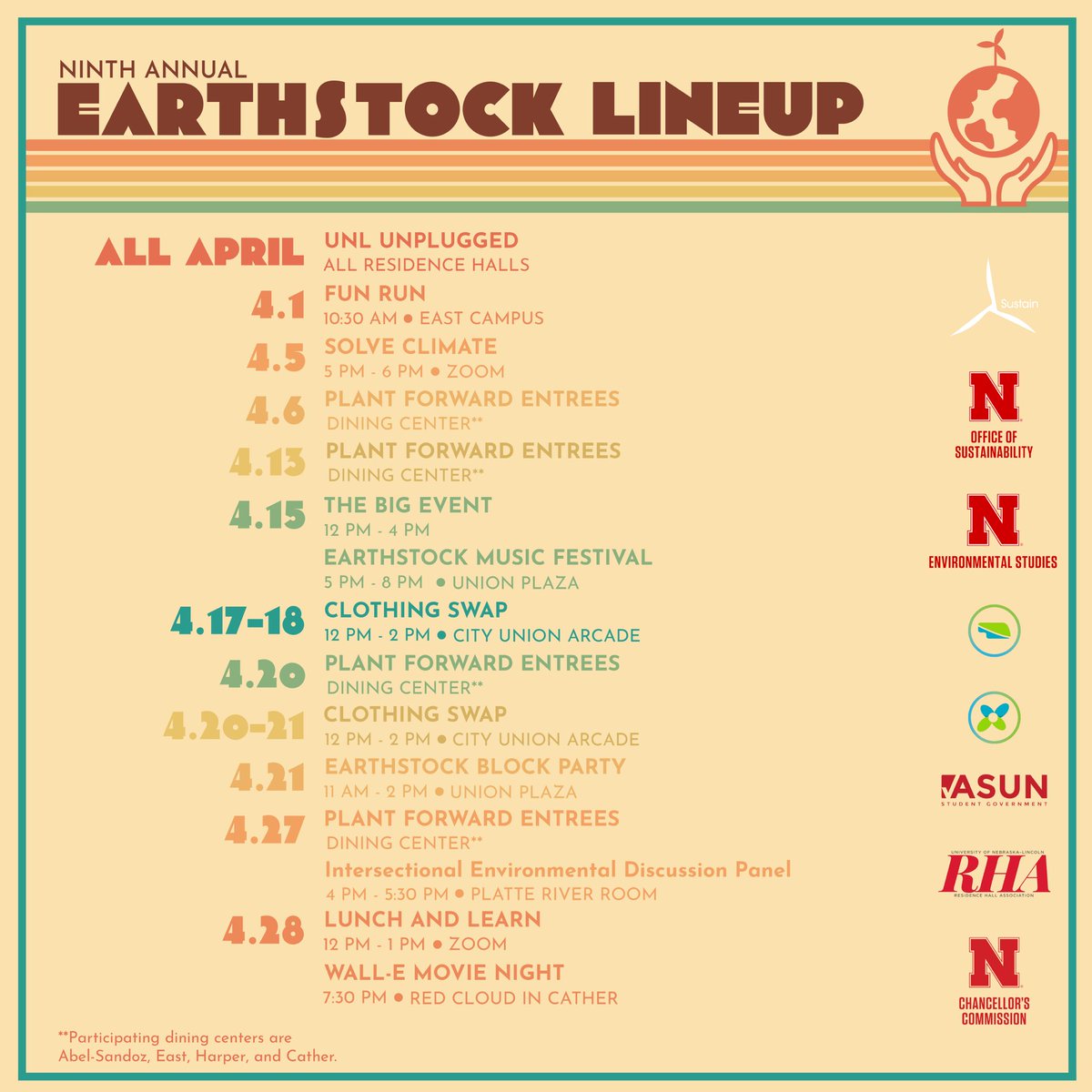 UNL_ENVR's tweet photo. Mark your calendars! This upcoming Friday, April 14, join us for the EarthStock music festival! Don’t miss out on an evening full on music, food, and the great outdoors! 🎶🌎 https://t.co/StiRy3EhWa