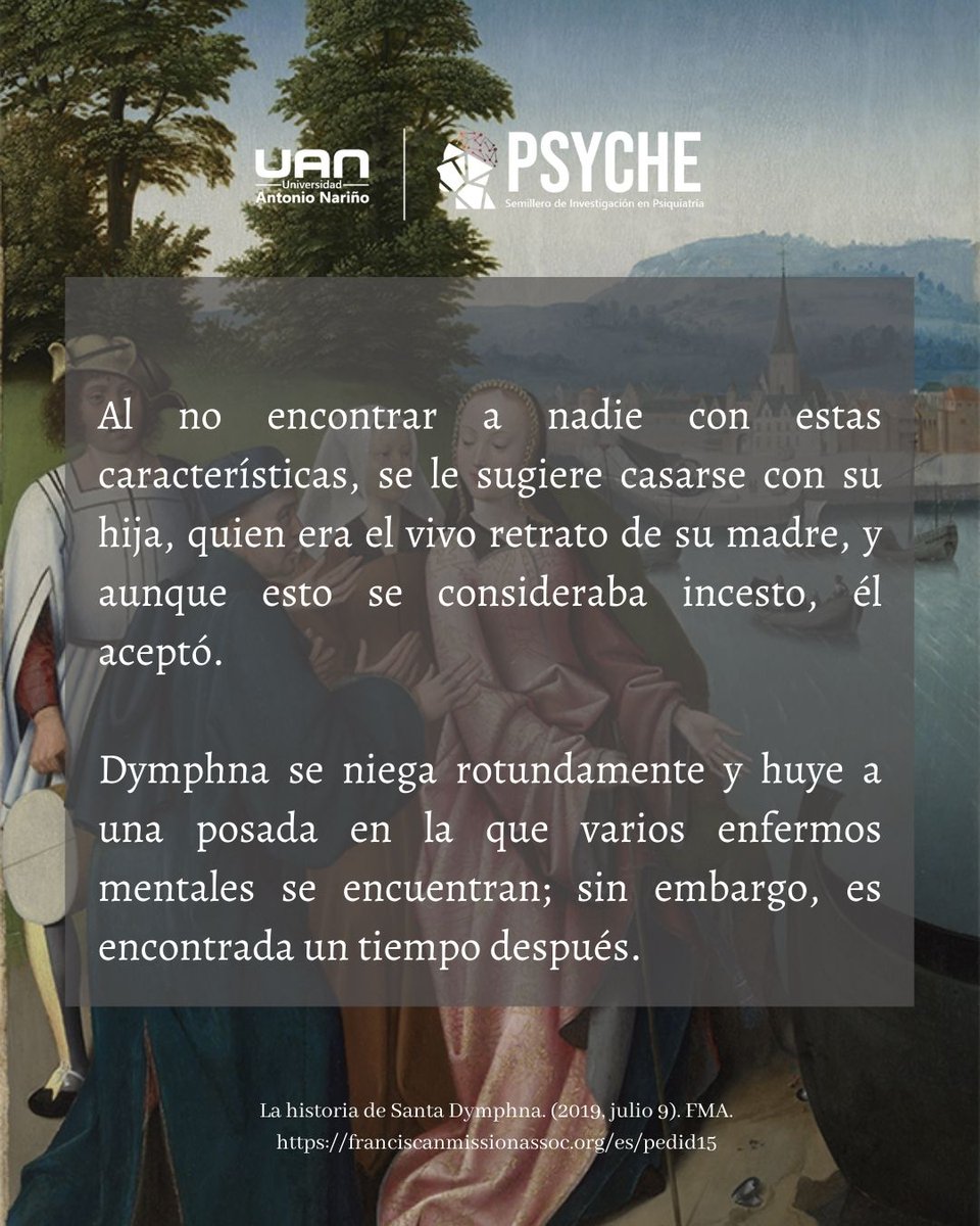 PsycheUAN's tweet photo. A propósito de semana santa, los invitamos a conocer la historia de Dymphna, la santa de los enfermos mentales.

Somos #NumberUAN Somos #Psyche #PhycheUAN 👩‍⚕️👨‍⚕️ https://t.co/LopaTK6PZR