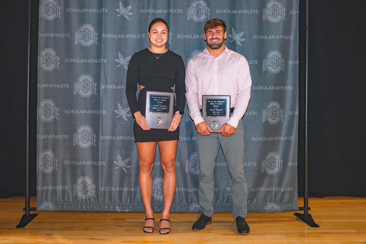 OhioStAthletics's tweet photo. CONGRATS to the Big Ten Medal of Honor Winners‼️

@_sophiejaques ~ @OhioStateWHKY 🏒 
@KalebRomero7 ~ @wrestlingbucks 

#GoBucks 🌰 https://t.co/6aHtjDqdFP