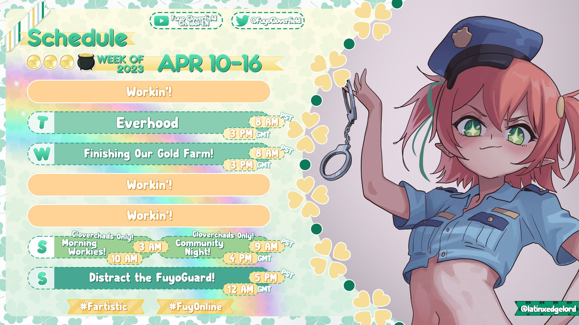 Fuyo Cloverfield🍀| idolEN on X: 🍀Schedule APR. 10-16🍀 🚨Hands up  criminal~ you're a sussy baka!🚨 You have the right to watch Fuyo  streams!🚔 ✤ GEN: #FuyoCloverfield ✤ LIVE: #FuyOnline ✤ CLIPS:  #FuyoCloverClips