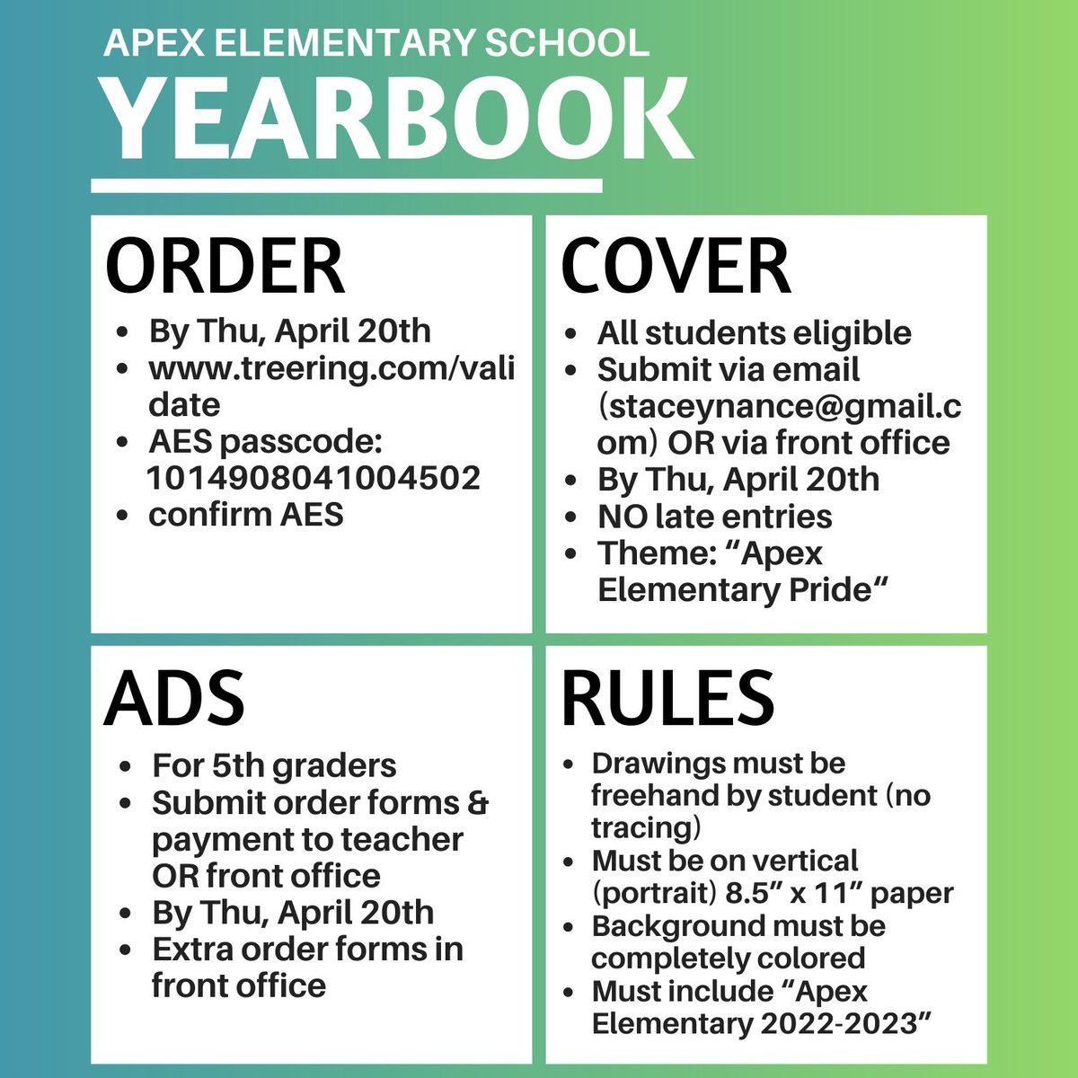 Order your Apex Elementary 2022 – 2023 Yearbook by Thursday, April 20th!
To order, visit: treering.com/validate
·      Enter AES passcode: 1014908041004502
·      Confirm Apex Elementary School

(Cont in replies…)
<a href="/apexescougars/">Apex Elementary</a> #apexescougars #apexespta #yearbook