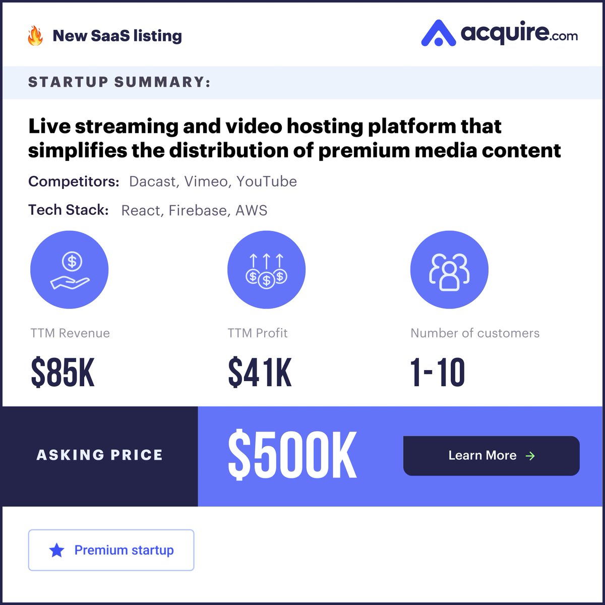 microacquire's tweet image. 🔥 New Startup Listed 🔥 SaaS | Live streaming and video hosting platform that simplifies the distribution of premium media content | $85k TTM revenue

Asking Price: $500,000 
Contact the seller here: buff.ly/3njwgSV