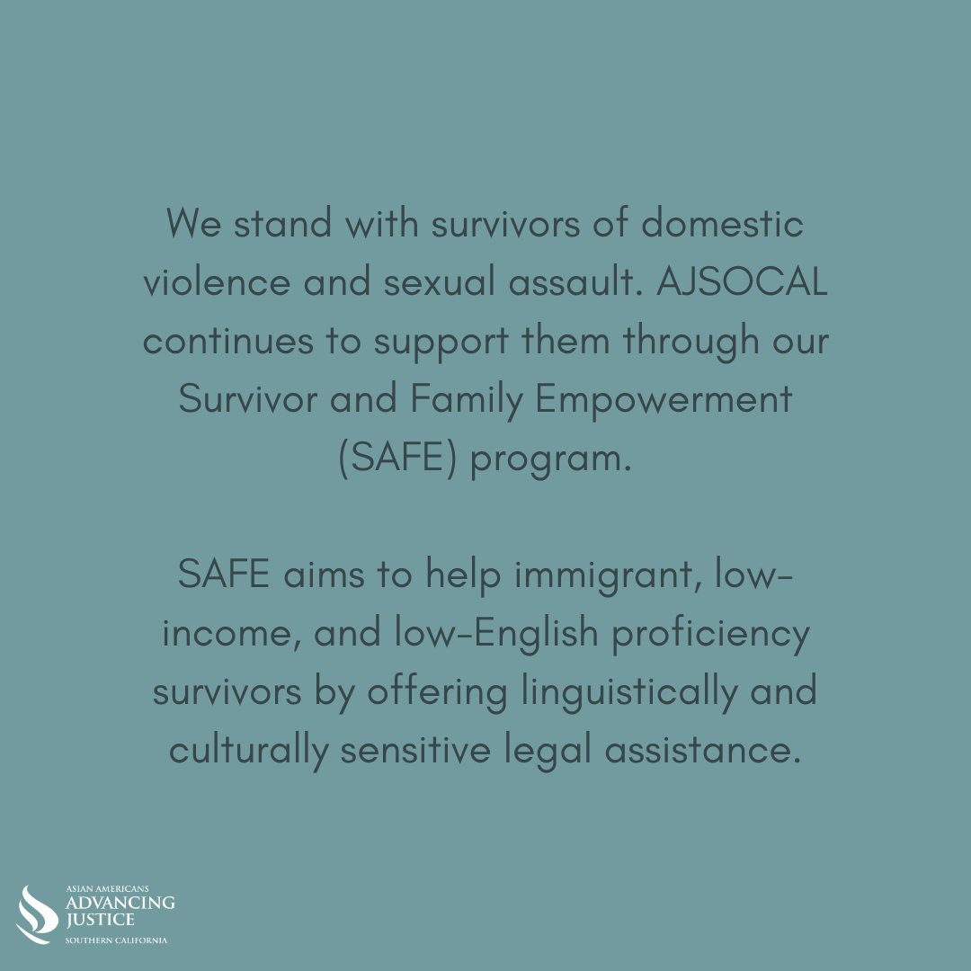 ajsocal_'s tweet photo. April is SA Awareness Month.
Our Survivor and Family Empowerment unit (SAFE) provides legal services that assist survivors of sexual violence. Call our helplines or visit https://t.co/BSPqOQrtar for more info ๐ป๐
#ajsocal #aapi #asianamerican #sexualassaultawarenessmonth https://t.co/PKXNvC7mPB