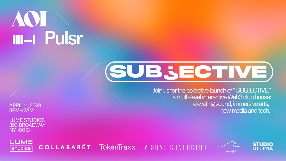 Join SUBJECTIVE for our NFT.NYC kickoff event 4.11, 8PM - 12AM: 6 floors of immersive art, music + Web3 community

RSVP subjective.art/upcoming-event… <a href="/TokenTraxx/">TokenTraxx #OwnYourSound</a> <a href="/SpaceRunnersNFT/">Space Runners (ABLO)</a> <a href="/collabaret/">Collabarét</a> <a href="/visualconductor/">wEn moon</a> <a href="/ArtOnInternet/">AOI</a> <a href="/pulsr_ai/">Pulsr</a> <a href="/lume_studios/">Lume Studios</a> 

#nftnyc #NFTNYC2023