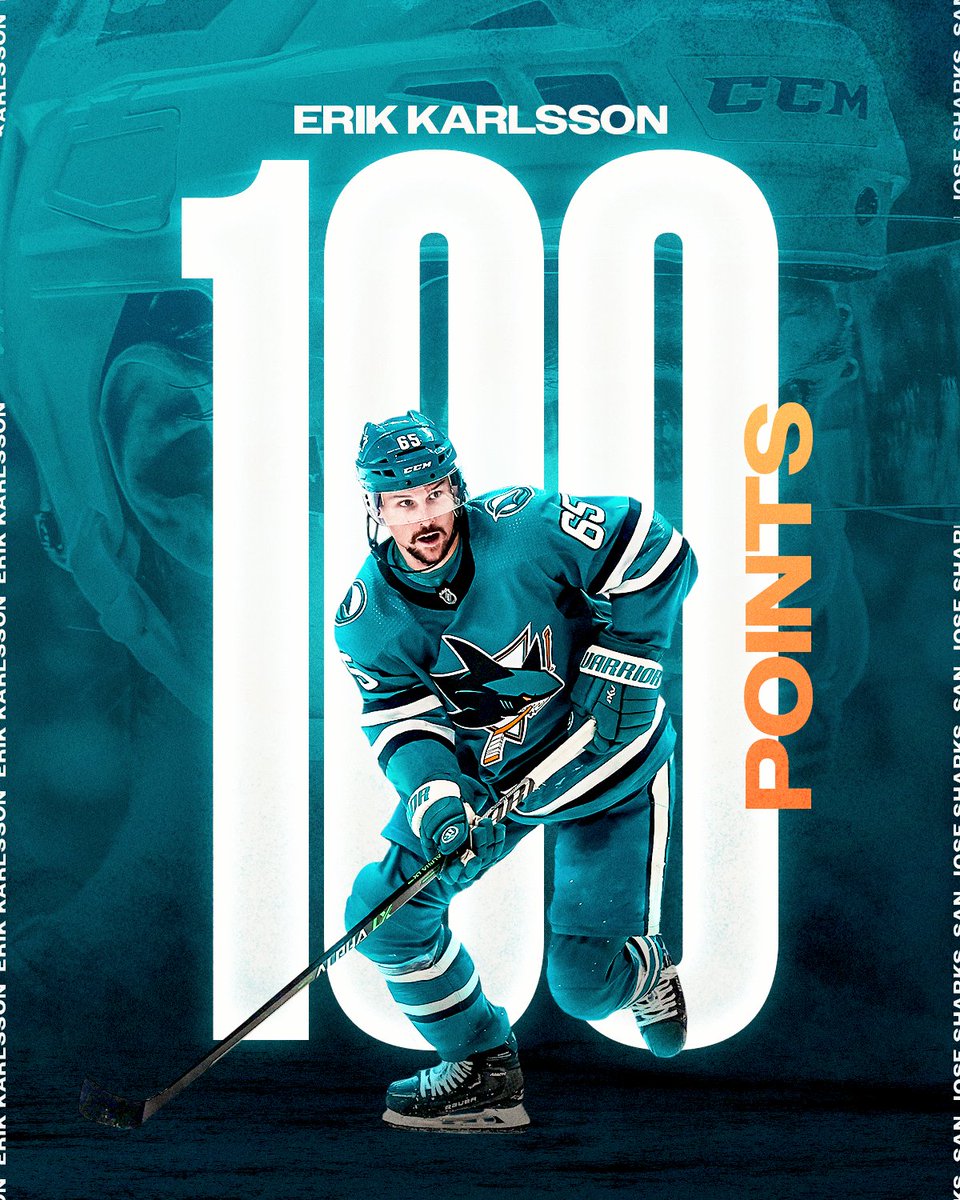 NHL's tweet image. 100 POINTS FOR EK65 🦈

@ErikKarlsson65 is the first defenseman since Brian Leetch in 1991-92 to hit 100 points!