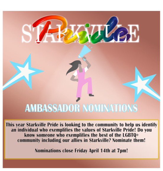 Follow the link to nominate an individual you believe should be our 2023 Ambassador! 
linktr.ee/starkvilleprid…

#StarkvillePride #StarkvillePride2023 #StarkvillePrideAmbassador #5YearsofStarkvillePride