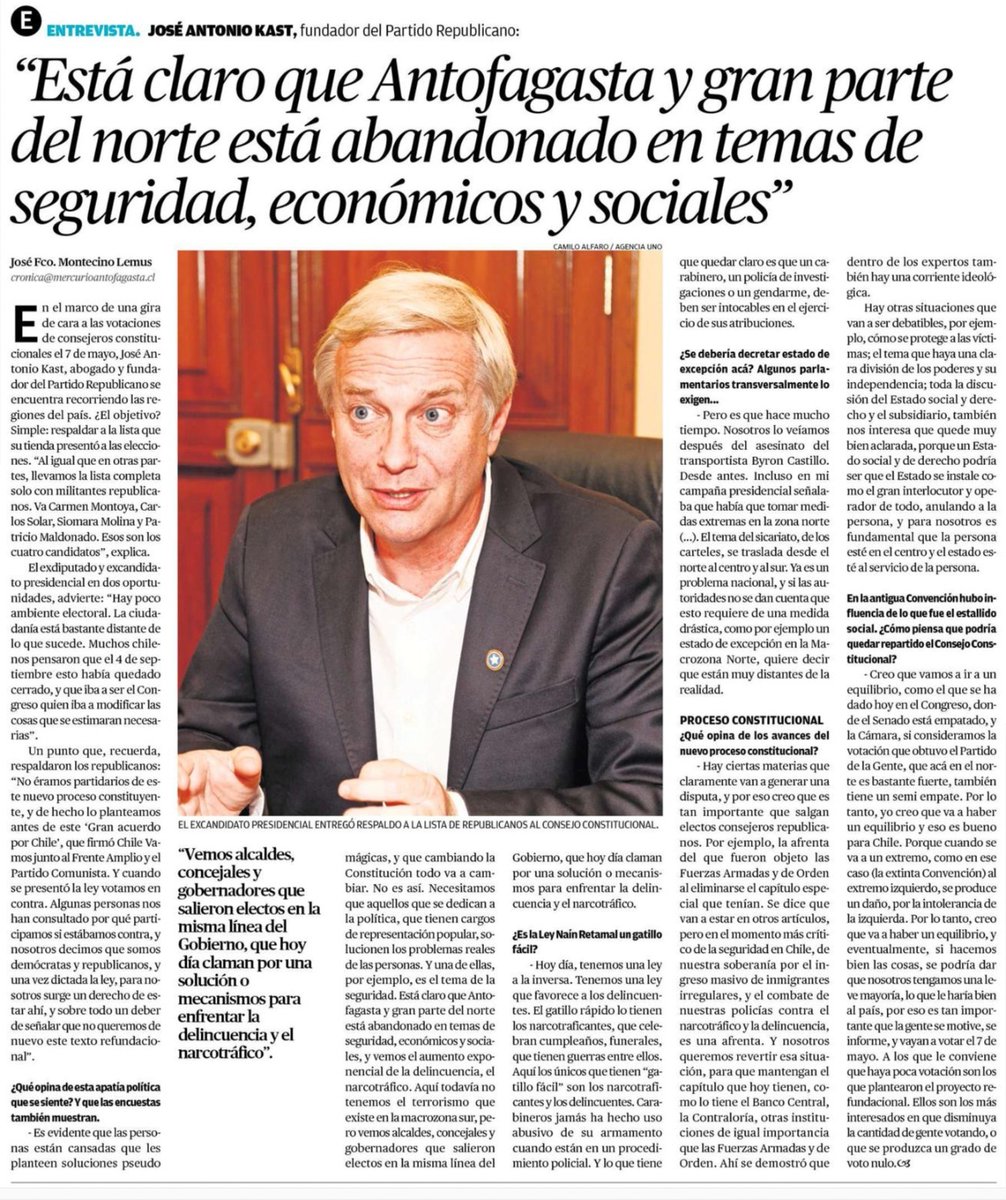 OPE_Chile's tweet photo. Antofagasta y todo Chile está abandonado en temas de seguridad, económicos y sociales. Te compartimos la entrevista a @joseantoniokast en #DiarioElMercurio de #Antofagasta https://t.co/mWRiYo3Nbz