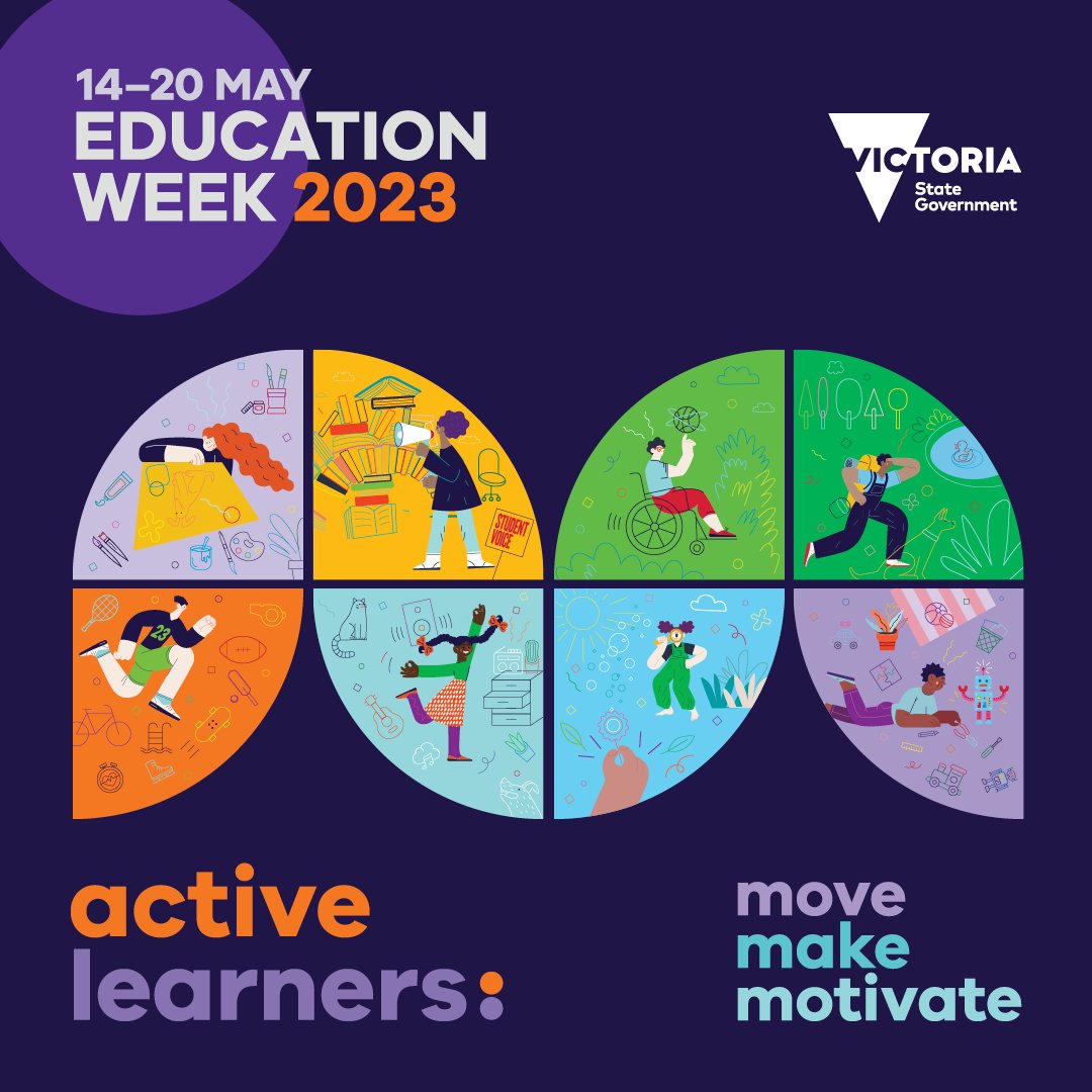 VicGovDE's tweet photo. Education Week 2023 is coming! 🎉From 14-20 May, Victorian Government schools can take part in free and fun activities that celebrate physical activity, hands-on learning, and student voice in education. 

Theme: 'Active Learners: Move, Make, Motivate'. https://t.co/izRDOCJi8L https://t.co/HKtAdPACgs