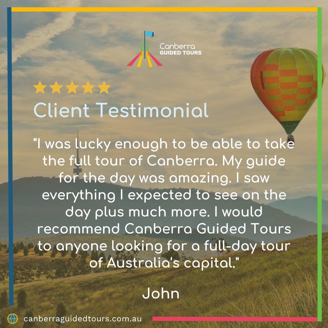 Thank you, John for the ⭐️⭐️⭐️⭐️⭐️

Visit 💻 canberraguidedtours.com.au/tours Today to Book a Tour.
#travelcanberra #australia #seecanberra #travel #exploreaustralia #VisitCanberra #ClientTestimonial #Review canberraguidedtours.com.au/tours