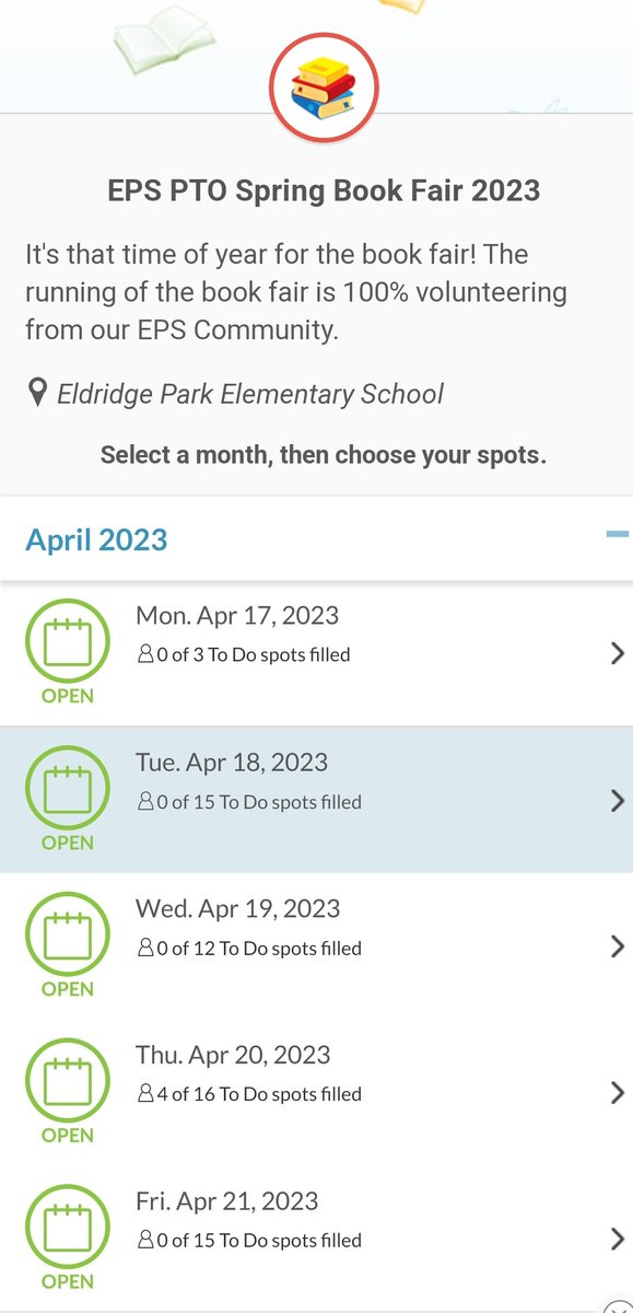 ELDRIDGE PARK SCHOOL PTO (@epsptonj) on Twitter photo The EPS Spring Book Fair returns 4/19-21, & will need volunteers. Look at the signup & see where you can help. Our book fair is run 100% by volunteers, so consider helping out. Email Jennifer Watt at jennifer.watt.dpt@gmail.com if you have any questions.
signup.com/go/BHiutJv The EPS Spring Book Fair returns 4/19-21, & will need volunteers. Look at the signup & see where you can help. Our book fair is run 100% by volunteers, so consider helping out. Email Jennifer Watt at jennifer.watt.dpt@gmail.com if you have any questions.
signup.com/go/BHiutJv