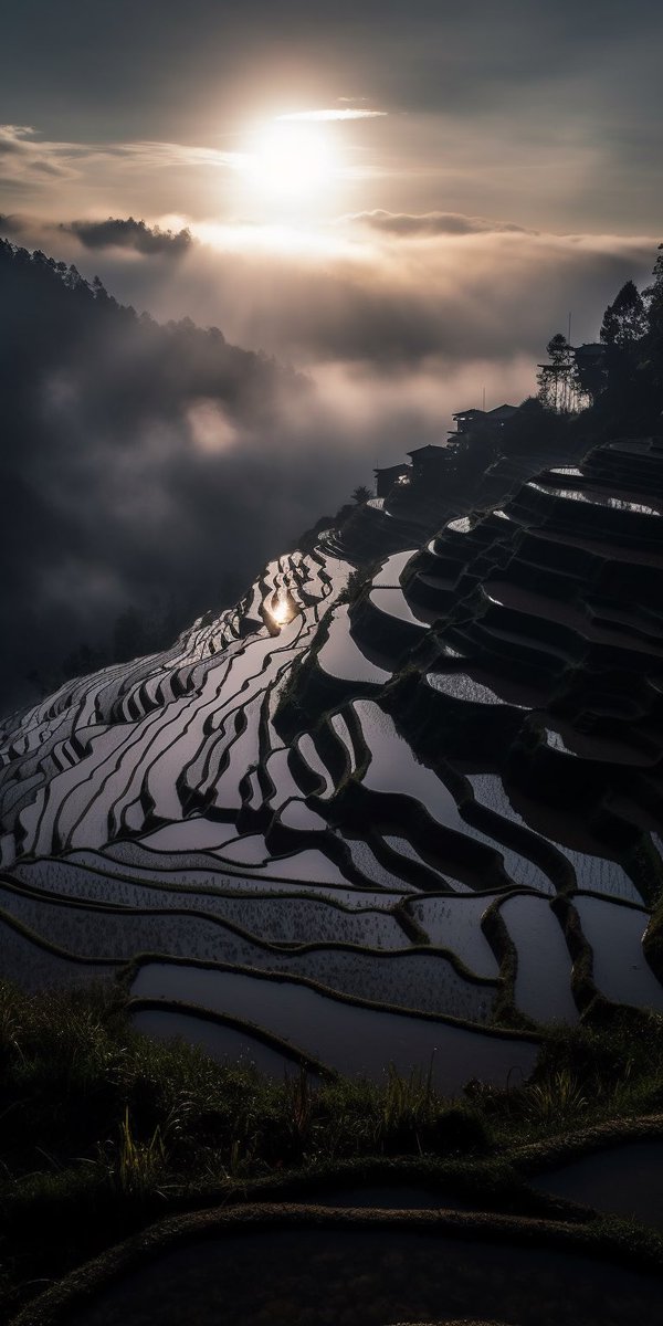 AI_creative_gal's tweet photo. High angle shot of the rice terraces of Yuanyang contry Yunnan provice China

#aiartwork #china #rice #aiart #clouds #Yunnan #dramatic #color #landscape #architecture #archdaily  #artistic #landscape #photo #nft #village #bokeh #picoftheday #sun #midjourney #beauty #nostalgia https://t.co/ydVjH0maz7