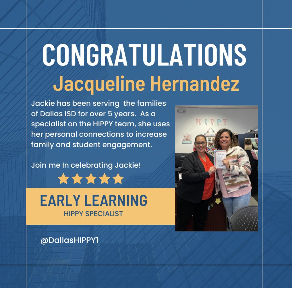 Yvette González (@yvette_hippy) on Twitter photo HIPPY Specialist, Jacqueline Hernandez, received her 5 year service pin. We are so proud of her personal connections with HIPPY families. <a href="/DallasHIPPY1/">Dallas HIPPY</a> <a href="/ICanReadDallas/">Early Learning Dallas ISD</a> <a href="/DrElenaSHill/">Dr. Elena S. Hill</a> <a href="/dallasschools/">Dallas ISD</a> HIPPY Specialist, Jacqueline Hernandez, received her 5 year service pin. We are so proud of her personal connections with HIPPY families. <a href="/DallasHIPPY1/">Dallas HIPPY</a> <a href="/ICanReadDallas/">Early Learning Dallas ISD</a> <a href="/DrElenaSHill/">Dr. Elena S. Hill</a> <a href="/dallasschools/">Dallas ISD</a>