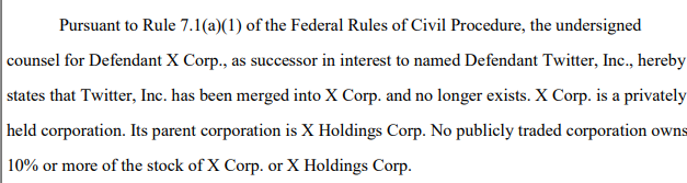 BNODesk's tweet photo. Twitter, Inc. no longer exists, according to a court filing. Twitter has been merged into X Corp https://t.co/a9AnsBTyUf