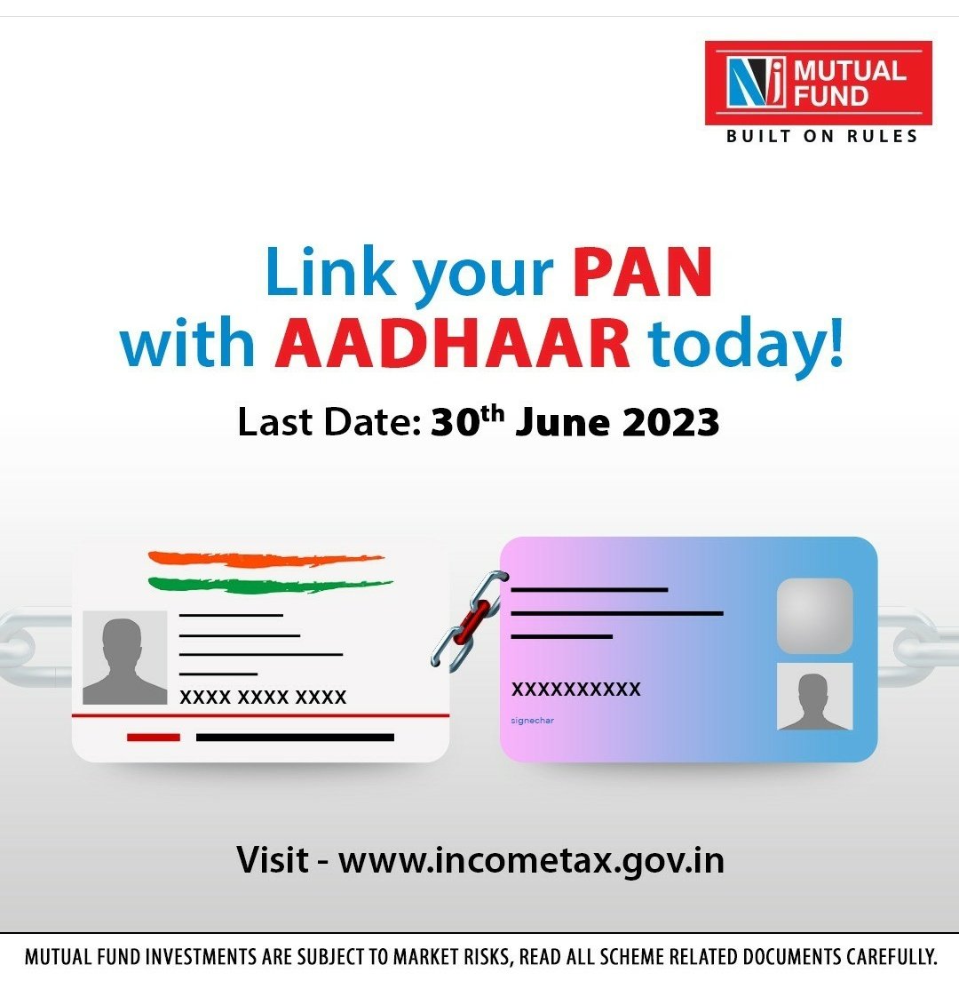 TarunKh11085423's tweet photo. Gentle Reminder: Make sure to link your PAN card and Aadhar card before 30th June 2023.
#GTAFinancialSolution #NJMutualfund #BalanceMoneyBlanceLife #BuiltonRules #LinkPancard #InvestorAwareness #InvestorEducation https://t.co/gFtNFDOrYp