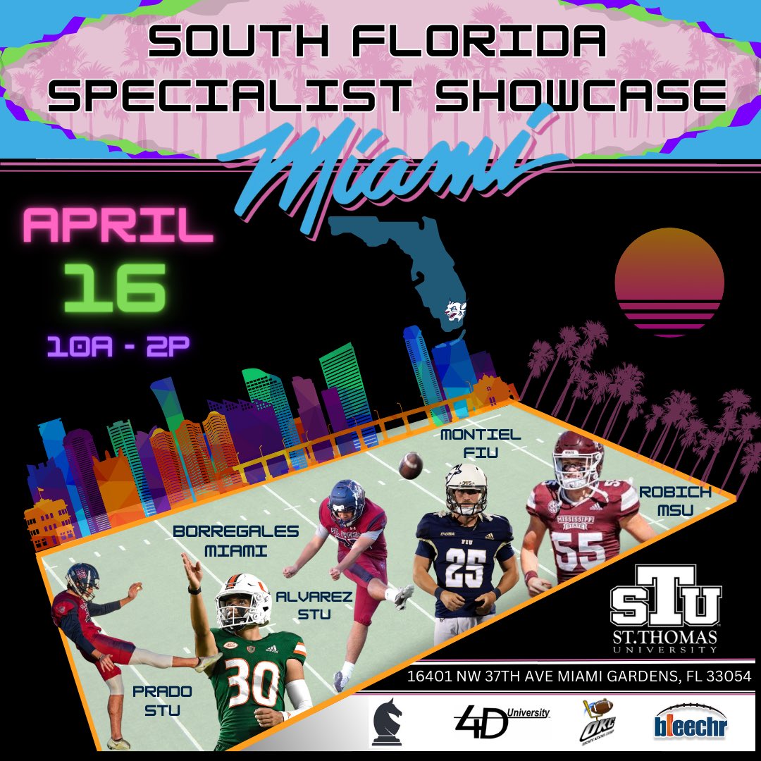 Thanks to the coaches &amp; athletes who will lead our staff on April 16 @ The South Florida Specialist Showcase! 

- Competitions
- Personalized K/P/LS Training
- Film Analysis
- Exposure
- Experienced Staff

*More info @ link: 4thDownU.com
