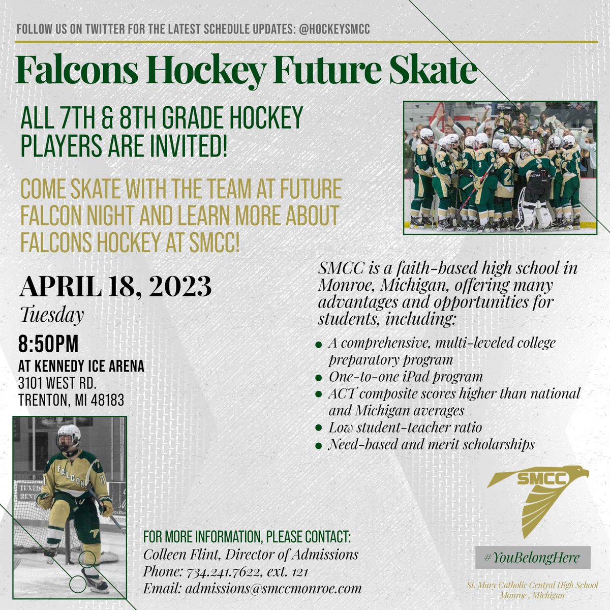SMCC Falcons Hockey (@hockeysmcc) on Twitter photo Attention 7th and 8th grade hockey players (and parents)--our Future Falcon Skate is next Tuesday, April 18! Come skate with the team and get a glimpse of your future as a Falcon! ALL 7th and 8th grade hockey players are welcome. #YouBelongHere @adambcousino <a href="/AthleticsSMCC/">SMCC Athletics</a> Attention 7th and 8th grade hockey players (and parents)--our Future Falcon Skate is next Tuesday, April 18! Come skate with the team and get a glimpse of your future as a Falcon! ALL 7th and 8th grade hockey players are welcome. #YouBelongHere @adambcousino <a href="/AthleticsSMCC/">SMCC Athletics</a>