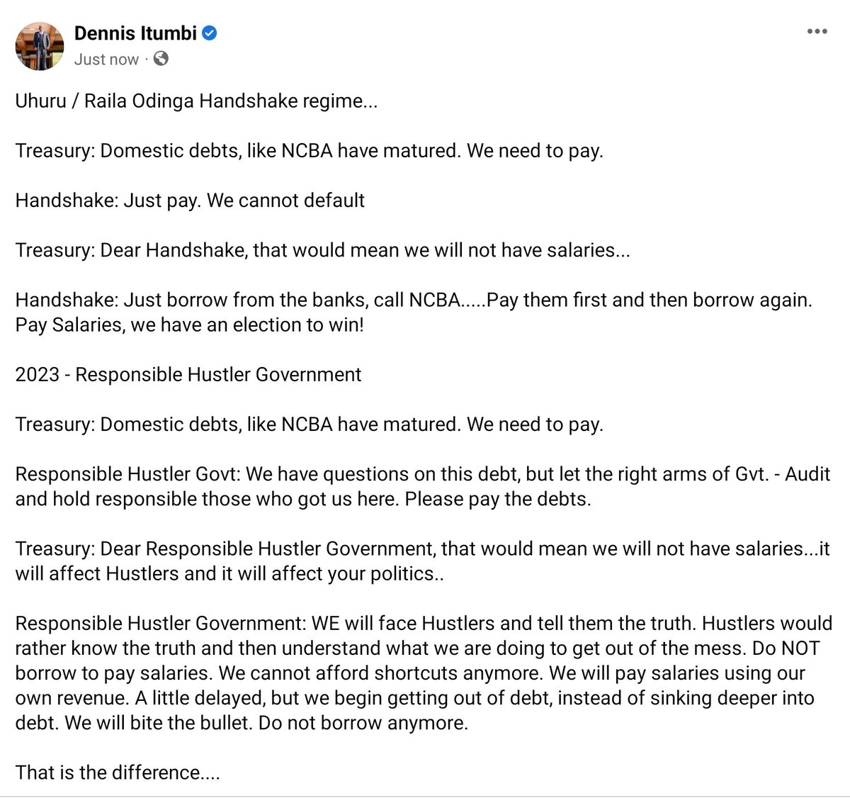 In conclusion, <a href="/DavidNdii/">David Ndii</a> - " We have a debt problem...."

In other words...the difference of the boardrooms in 2018 and 2023..

 Handshake solution was simple - Just borrow pale NCBA. Ongeza deni

Hustler Government has chosen to pay the debt, and stop the careless borrowing...