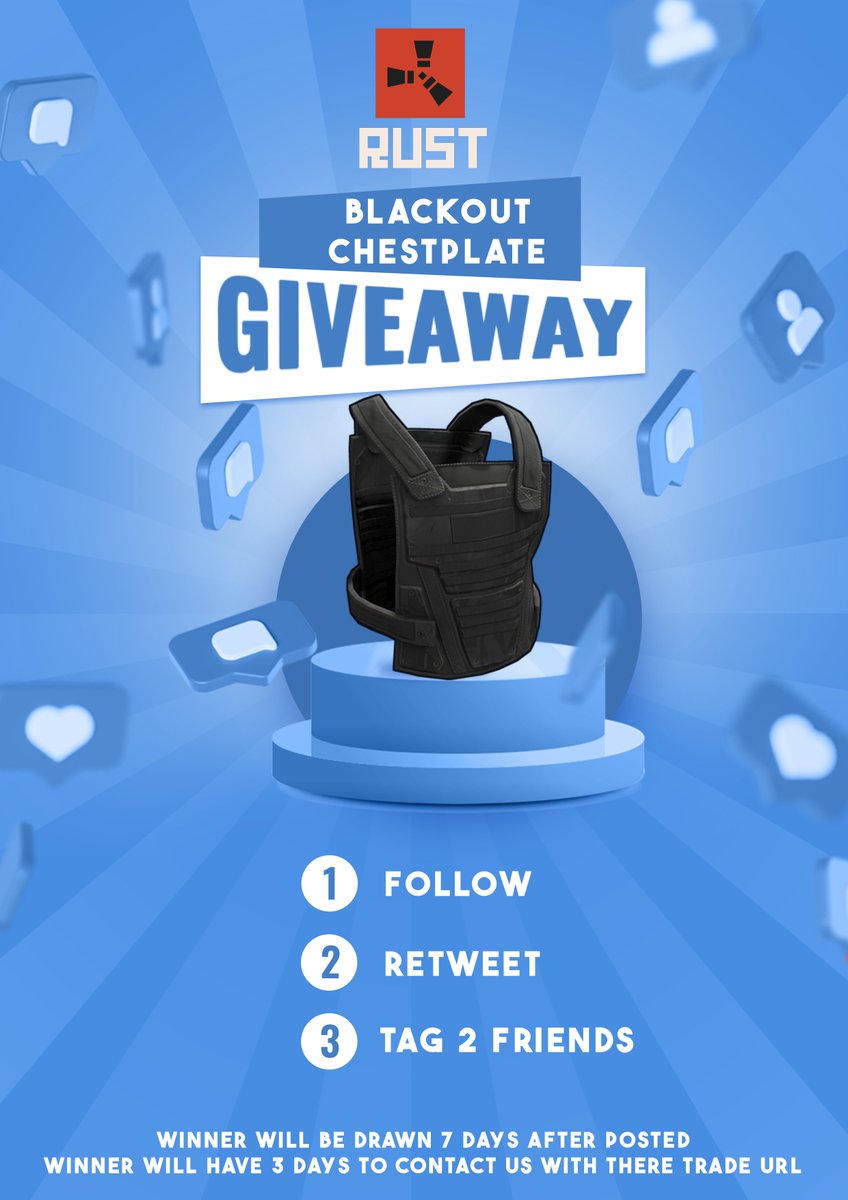 3SidedYT's tweet photo. To celebrate my return after 3 years lets start with a giveaway.

🎁Rust - Blackout Chestplate
✅ Retweet &amp; Like
✅ Tag 2 Friends
✅ Follow me

Sub to https://t.co/EEjPyaP32r https://t.co/0YqJee4acP