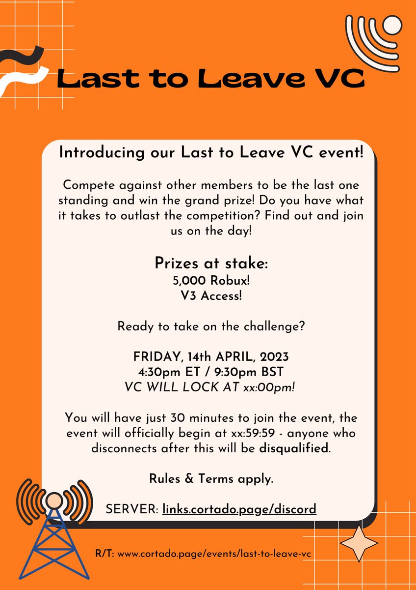 CortadoJuiceBar's tweet photo. 🎙️ Last to Leave VC - 5,000 Robux prize!

This Friday, 4:30pm ET / 9:30pm BST!

Server: https://t.co/YUvcdQlZ7i

Rules: https://t.co/AOr7RVDWiC

❤️ &amp; 🔁

#discord #discordevent #robux #roblox #robloxdev #lasttoleavevc #discordvc #freerobux #giveaway #robuxgiveaways #robloxevent https://t.co/bpThwCT6Yx