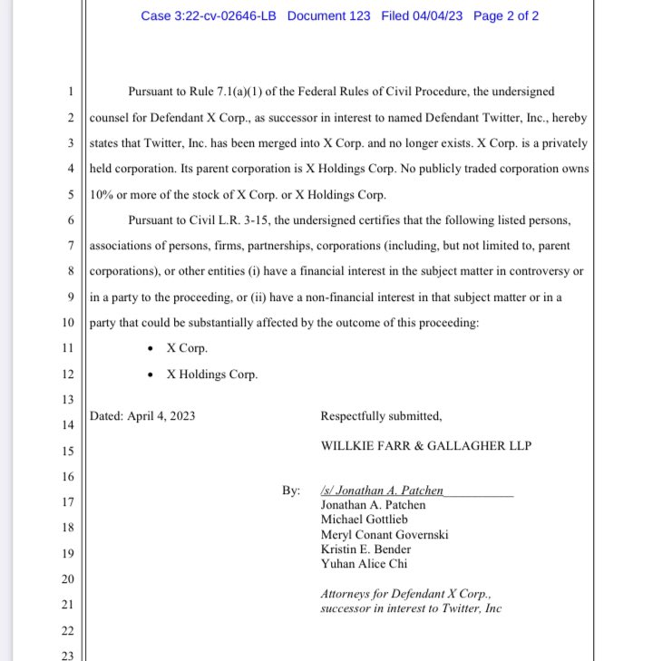 alx's tweet image. BREAKING: According to a court filing, Twitter is now X.

“Twitter, Inc has been merged into X Corp. and no longer exists.”