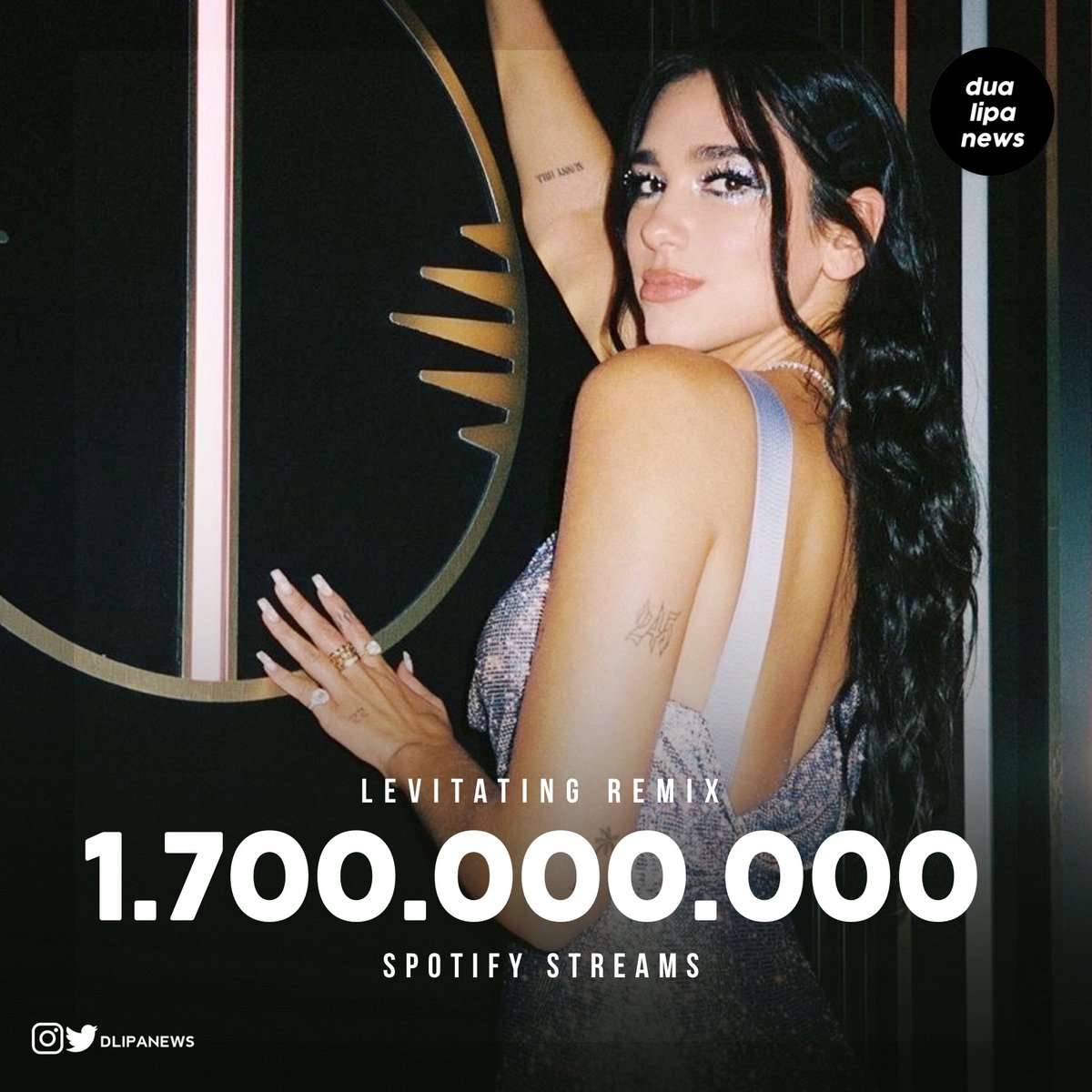dlipanews's tweet image. The “Levitating” Remix has officially surpassed 1.7 BILLION streams on Spotify! 

— It is Dua Lipa’s 4th song to achieve this and ranks among the Top 100 most streamed songs in Spotify history at #69.
