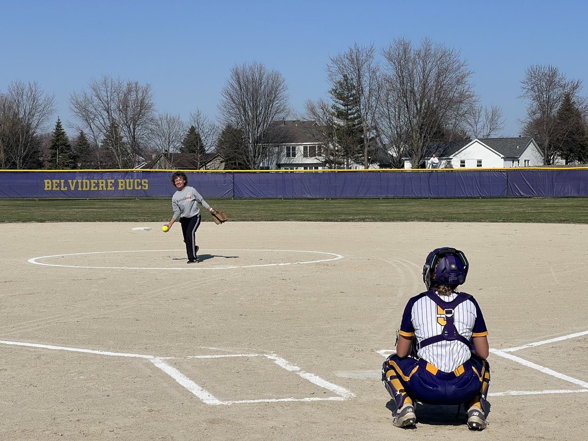Karen Reynolds threw out the first pitch at today’s conference opener vs Guilford. The Bucs honored the 1982 softball MVP as she retires this year after 34 years of teaching and coaching in the Belvidere district! Once a Buc…always a Buc!