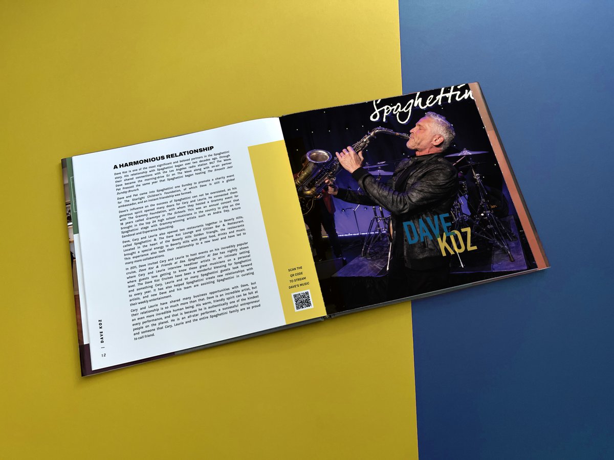 gathdesign's tweet photo. Cooked up something special for @Spaghettinisb's 35th anniversary. The ultimate #cookbook. Each chapter features a music artist &amp; recipes for their favorite food &amp; drinks. Scan their QR code to stream a playlist, mix up a drink and start cheffing it up! Pre-order now #bookdesign https://t.co/I0PCTtpAdZ