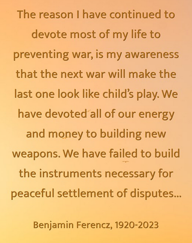 mcqueeney's tweet photo. Sadly noting the passing Friday of @BenFerencz, a lawyer and former Nuremberg prosecutor who advocated for more than 75 years for the peaceful use of law to settle disputes and to hold war criminals accountable using international law. https://t.co/zd3S02YE0P #lawnotwar https://t.co/zY8KkGXToh