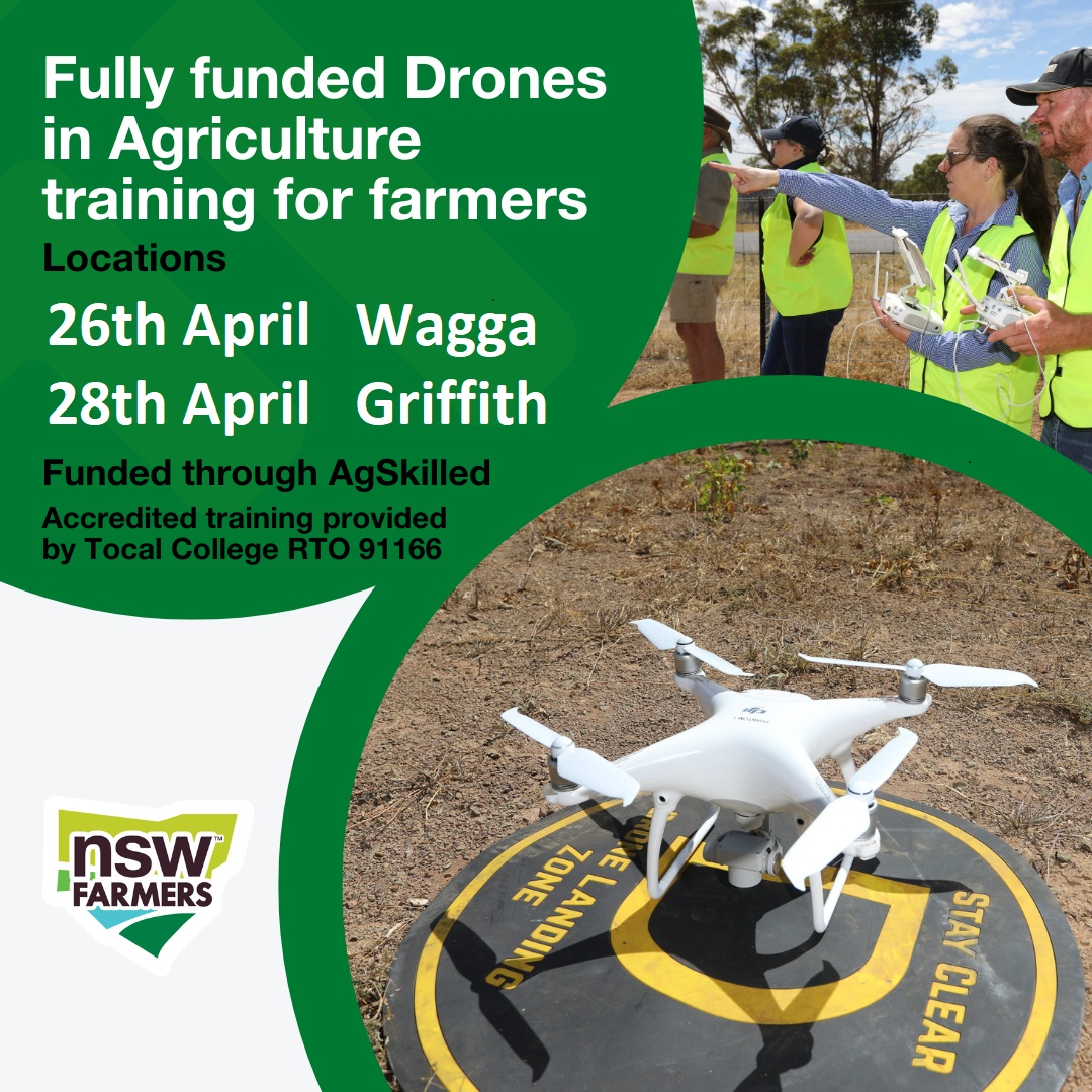 Fully <a href="/AgSkilled_NSW/">AgSkilled</a> funded drone training courses for all farmers are flying into Wagga Wagga and Griffith on 26 and 27 April.  Learn how to get the best from drones in agriculture! More information and links to funding application 👉tocal.nsw.edu.au/courses/short-…