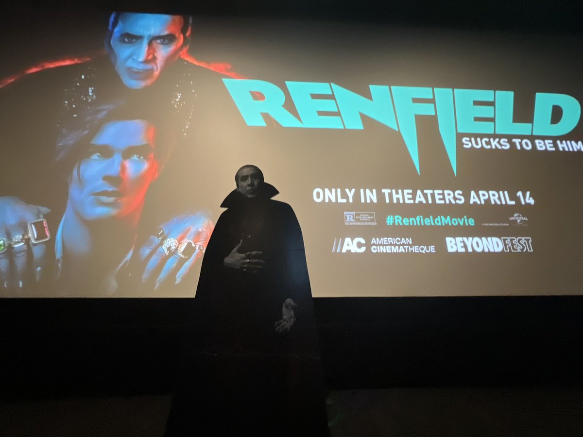 am_cinematheque's tweet photo. He has landed 🧛🏻‍♀️#RenfieldMovie snap a photo with the count on stage now for a chance to win a prize, tag @renfieldmovie and @BeyondFest https://t.co/0kbdd3q4LO
