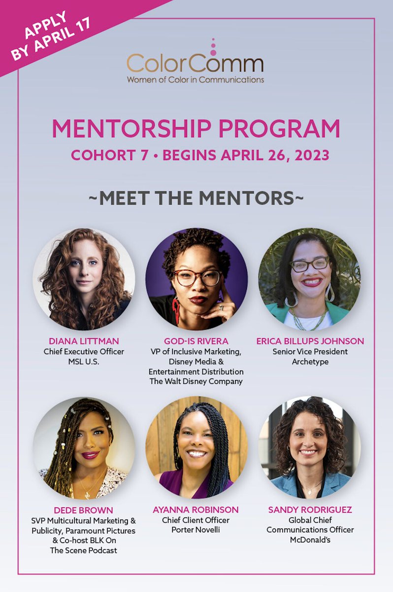 Cohort 7 of the ColorComm Mentorship Program! Members, learn from these senior level professionals, receive career guidance, coaching and more. Apply by April 17: bit.ly/41jMRoH
#ColorComm #ColorCommMentorship #Mentorship