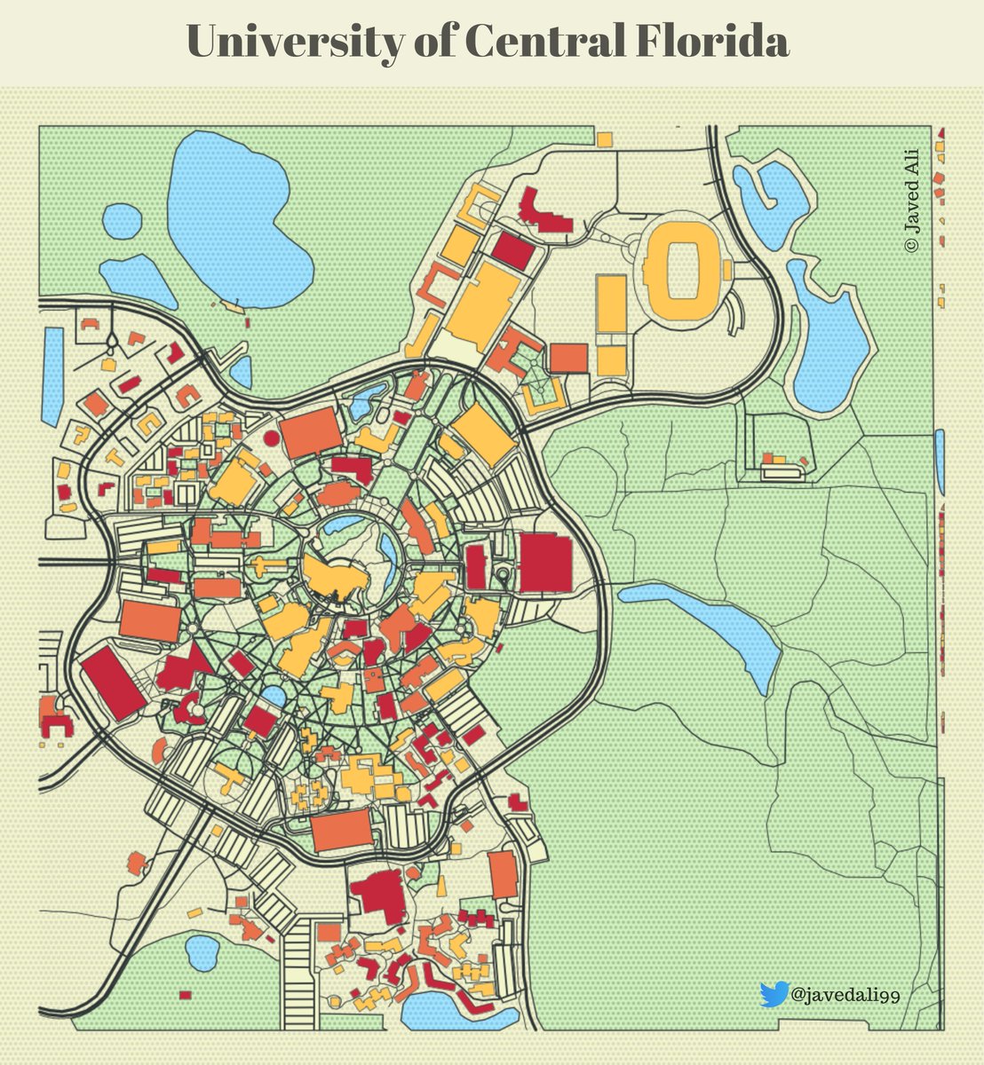 Created this beautiful map of @UCF's campus using #Python! 🗺️

It showcases the beauty of the UCF campus, featuring academic #buildings, #water bodies and relaxing #green areas.🖤💛

@UCFGradStudies @UCFALUMNI @UCFCECS @ucfcece #KnightPride #CampusLife #UCFCommunity #KnightNation