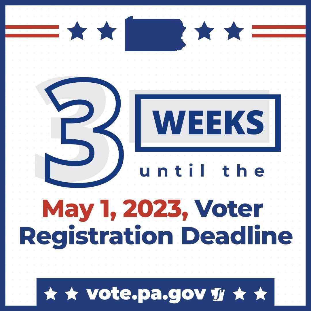 From the PA Department of State:

Registration is the first step to becoming a voter. The May 1 deadline to register to vote in the May 16 primary is only 3 weeks away. Don’t wait until it’s too late. Register today at: vote.pa.gov/Register 

#ReadyToVotePA