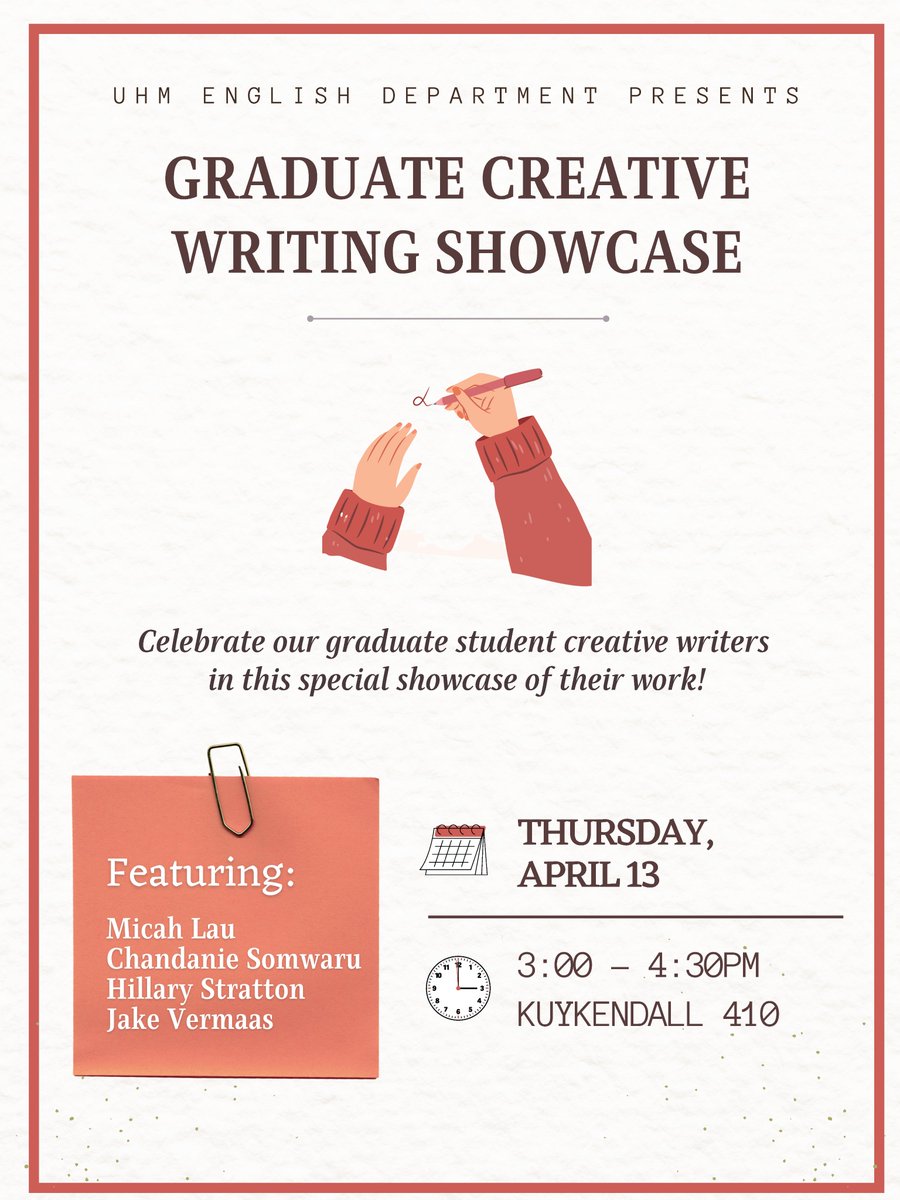 This Thursday (4/13), please join us for a reading by several students in our Creative Writing graduate program! The event begins at 3 PM in Kuykendall 410.