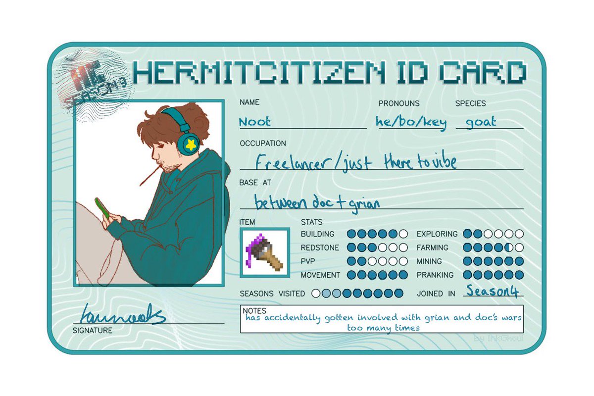 tawnoots's tweet photo. my #hermitcitizen card! i couldn’t settle on a design for the post card so i didn’t include it 

template by @_InkGhoul https://t.co/xc8mCt6Uhy