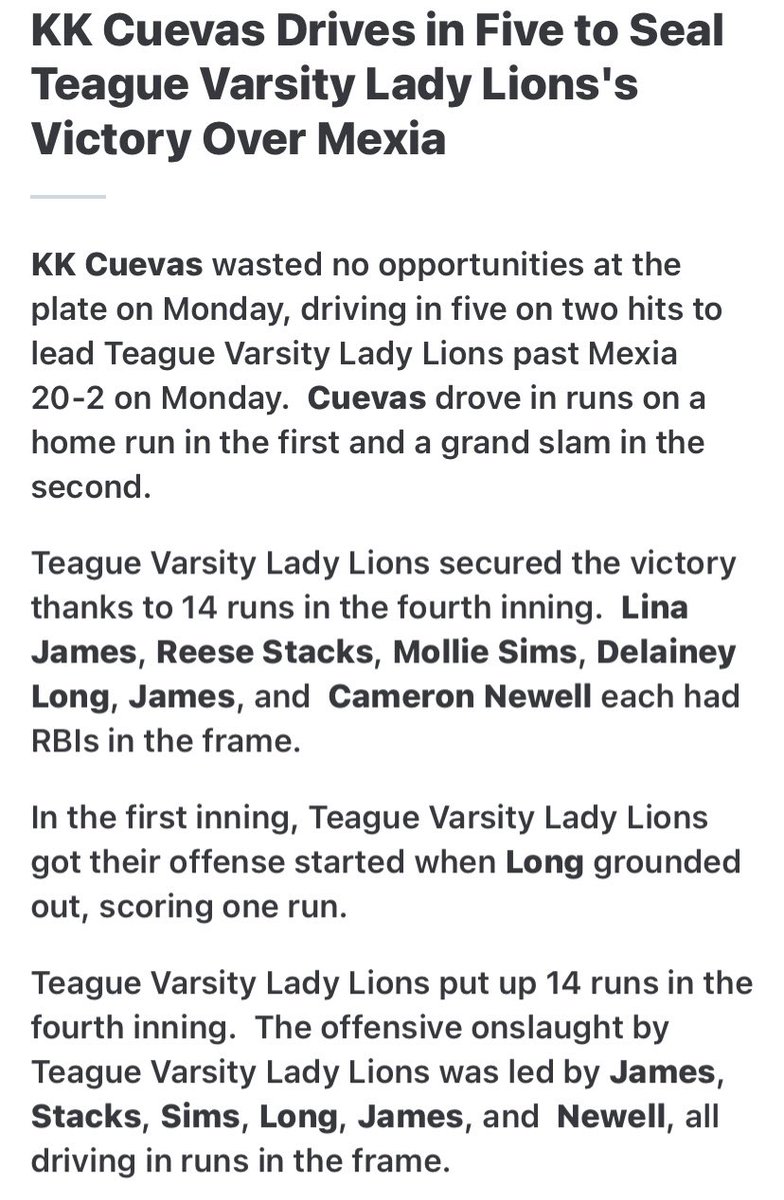 teague_ladylion's tweet photo. Offense came out HOT tonight with a 20-2 win over Mexia 🔥🔥

@KayleeC2024_29 2-2, 5RBI, solo HR, GRAND SLAM &amp; threw 9Ks 💣💣
@linamj0509 2-3, 2RBI
@ReeseStacks 2-3, 1RBI
@molliesims04 1-2, 1RBI
@KeelyMathis1 2-3

WHAT A START TO THE WEEK 🤘🏼 https://t.co/5XphmRWO7L