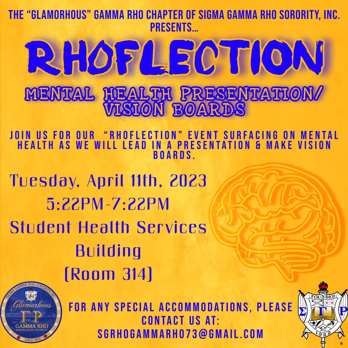 Sigma_GammaRho's tweet photo. Join the “GlamoRHOus” Gamma Rho Chapter for our “RHOflection” event surfacing on Mental Health🧠.
We will be leading in a presentation, & ending off with making vision boards💙💛!
#SGRhoWeek #MentalHealth #GlamorousGammaRho #SGRho #SigmaGammaRho #ISU26 #ISU25 #ISU24 #ISU23 https://t.co/WcIf1ao0n9