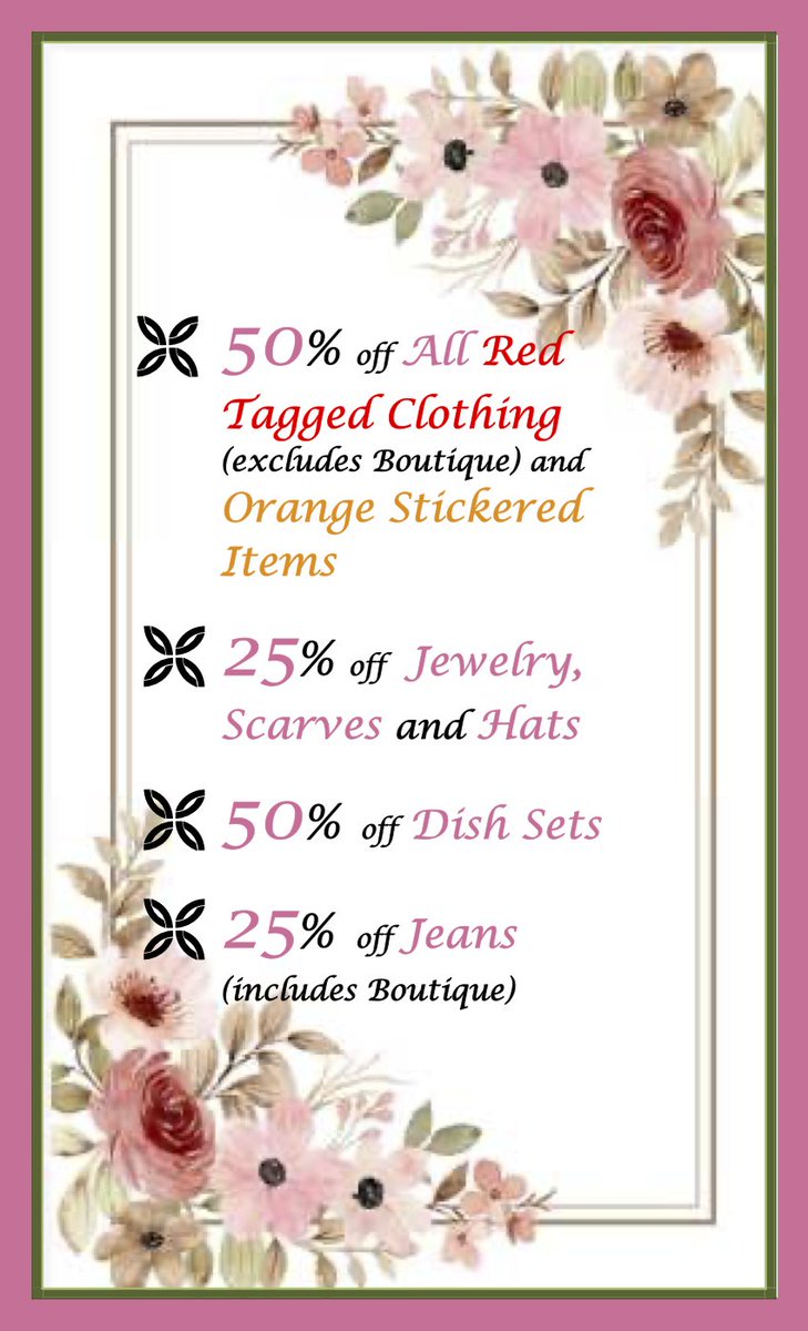 ALCVThriftShop's tweet photo. ❇️ Bargain Box Thrift Store Specials 4/11-15
❇️ Open Tuesday thru Saturday, 1-4pm
❇️ Where Shopping Means Giving
5️⃣0️⃣% off RedTagged Clothing (excludes Boutique) &amp; Orange Stickered Items
2️⃣5️⃣% off Jewelry, Scarves and Hats
5️⃣0️⃣% off Dish Sets
2️⃣5️⃣% off Jeans (includes Boutique) https://t.co/TNPTLCMFL6