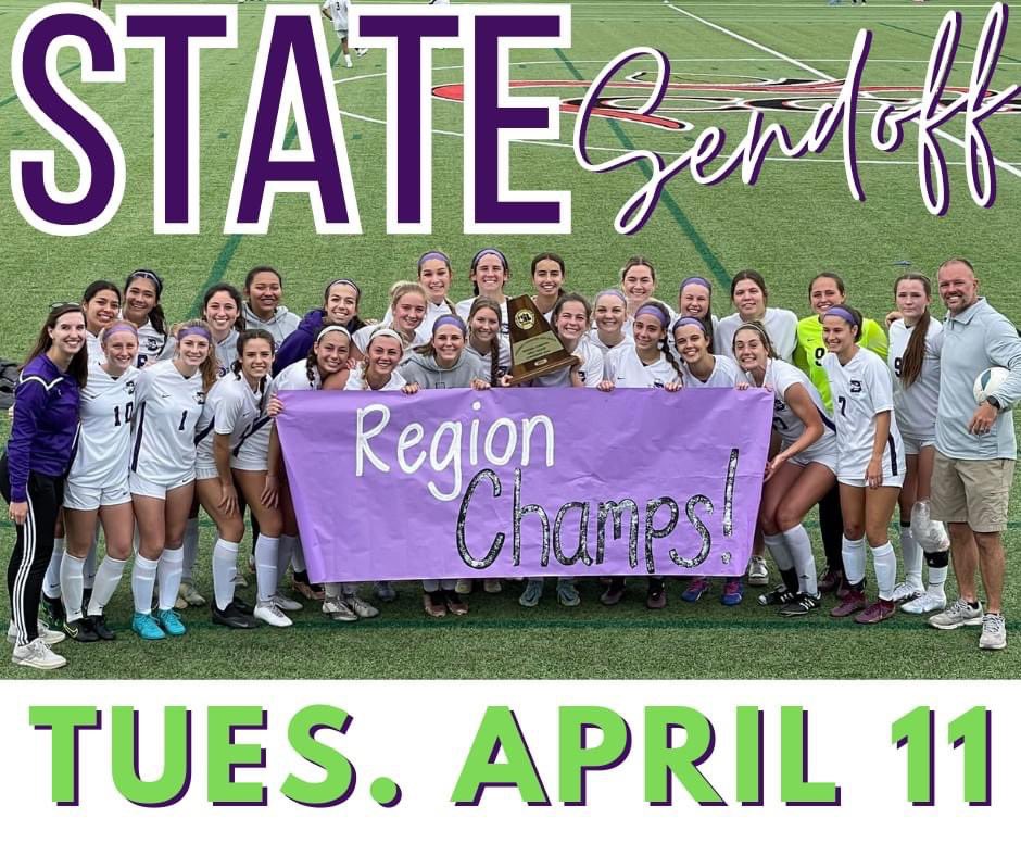 🚨🎉⚽️💜STATE SENDOFF for Girls Soccer team tomorrow, Tuesday, April 11th! Help us cheer on the players as their bus travels to Georgetown for the Final Four State Tournament!