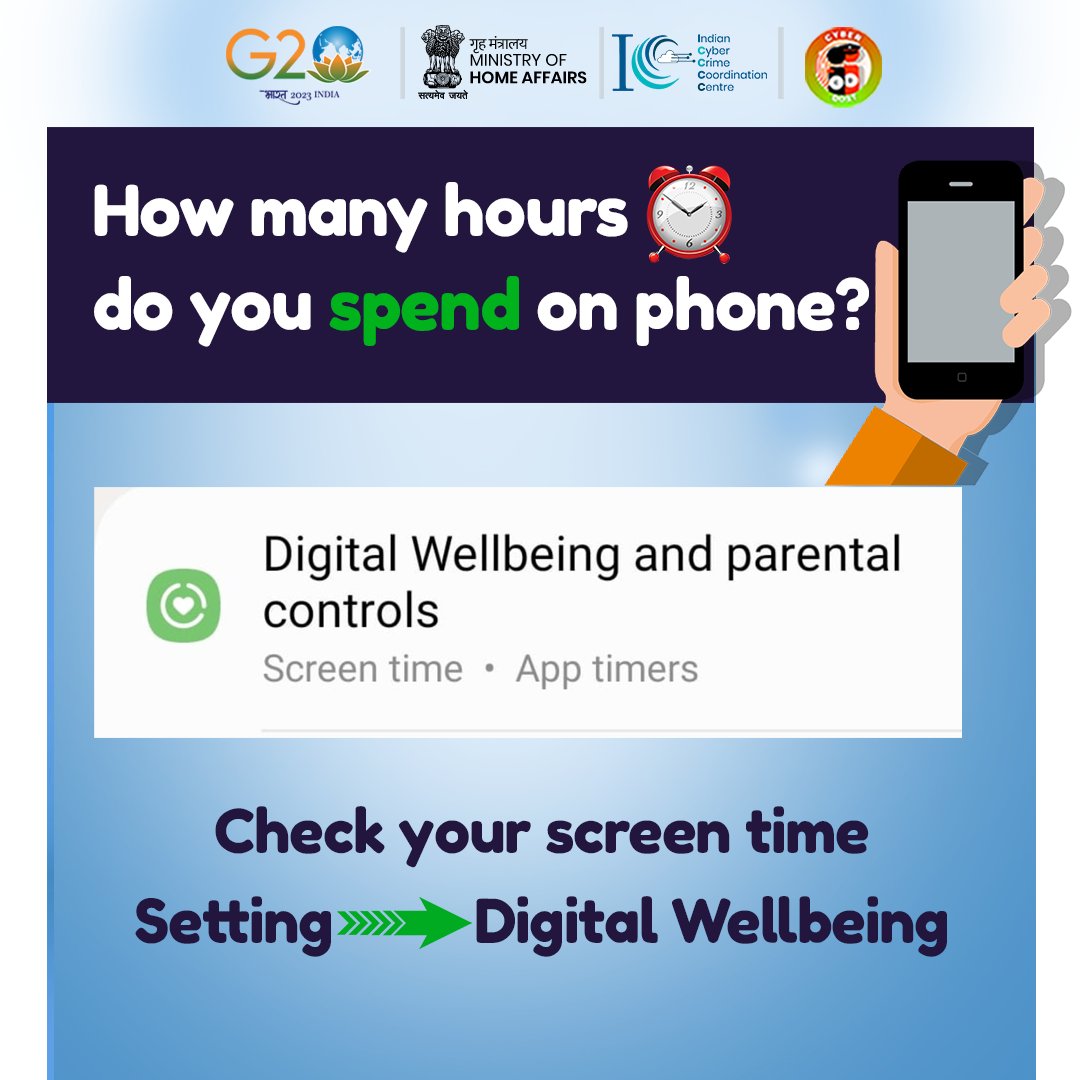 Check your screen time for #DigitalWellbeing.
If you are a victim of #cybercrime, immediately call 1930 and file a complaint on cybercrime.gov.in
#Dial1930 #DigitalIndia #CyberSafetyTips #MHA #I4C #G20 #DigitalParenting #SmartDigitalParent #Awareness #StaySafeOnline #phone