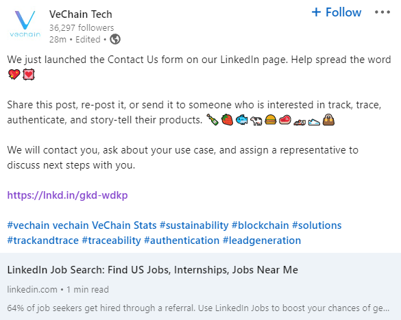 eisenreich's tweet photo. VeChain Tech just launched the 'Contact Us' form on their LinkedIn page. RT or share with someone who wants to track, trace, authenticate, and story-tell their products! ⛓️

https://t.co/rXATQNAiUC
https://t.co/5SLrNw5cW9

#VeChainTech #VeChain $VET #Blockchain https://t.co/JUtxSUCtiy