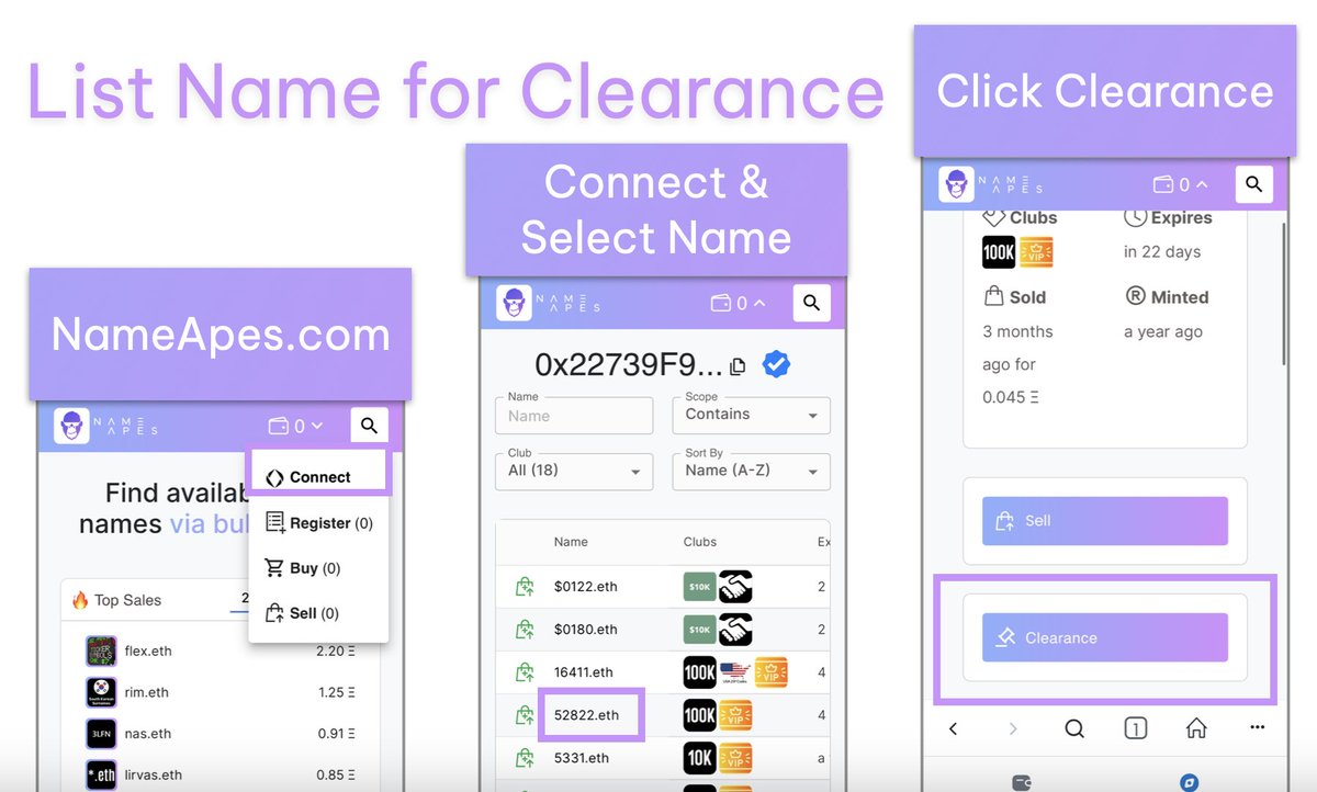 Want to clear your #ENS? List on Clearance Club in just a few steps.

1. Connect Wallet on NameApes.com
2. Click My ENS
3. Select a name
4. Click Clearance.
5. List For 0.2 Ξ to 0.01 Ξ
6. Buyers can find your names at nameapes.com/clearance-club…
