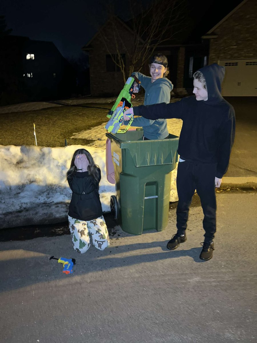 NateClepper's tweet photo. Nate Clepper of Shady Shooters with the garbage can snipe on Lily Robinson of 4KT. Rhiannon and Wyatt with the pro garbage truck driving. @ahs_nerfwar23 https://t.co/Tj1EYF7QPS