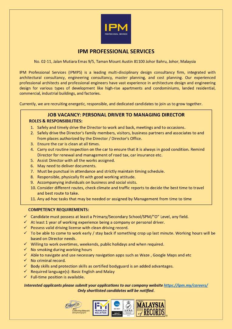 IPMEnquiry's tweet photo. 🛎️🛎️ Job Vacancy [Jawatan Kosong] 📣❇️
-> Personal Driver to Managing Director (Based in Johor Bahru) 👨‍✈️👨🏻‍✈️

💰 Salary: RM3,500 monthly

📨 Interested applicants please submit your applications to our company website https://t.co/ZURBDl2Bh2

#HirePersonalDriver #HiringDriver https://t.co/UEEpSpgY2z