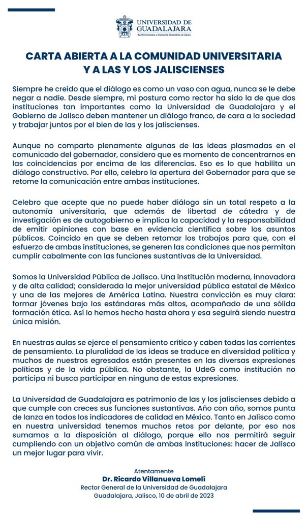 rvillanueval's tweet photo. Desde siempre, mi postura como rector ha sido la de que dos instituciones tan importantes para Jalisco deben mantener un diálogo franco, de cara a la sociedad y trabajar juntos por el bien de las y los jaliscienses. https://t.co/Q0WYO5gJ1l