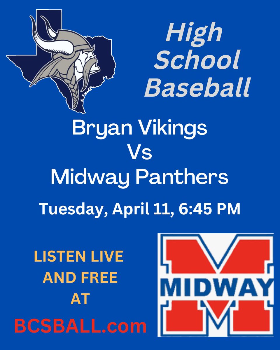 bcs_ball's tweet photo. LISTEN LIVE AND FREE, TUESDAY, 4-11, at 6:45 PM #MidwayBaseball vs #BryanBaseball on https://t.co/tBAZQI5vIe. Please ReTweet @BryanISDSports @BHighBaseball @BryanVikingClub @MidwayBsball @MidwayPanthers https://t.co/gDAJmXX0hH
