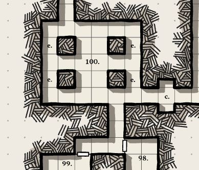 #dungeon23
100. Fog covers the floor. A vampire spawn wearing a cloak of elvenkind lurks here, trying to stealthfully grapple a PC and spider climb them up to a section of vaulted ceiling (e) to drain their blood. 

If pressed, it will retreat up the stairs to the hydra (69).